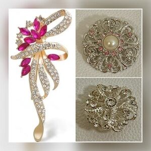Vintage Brooch Bundle • 3-Piece Set • Rhinestone & Pearl Brooches • Elegant Pins